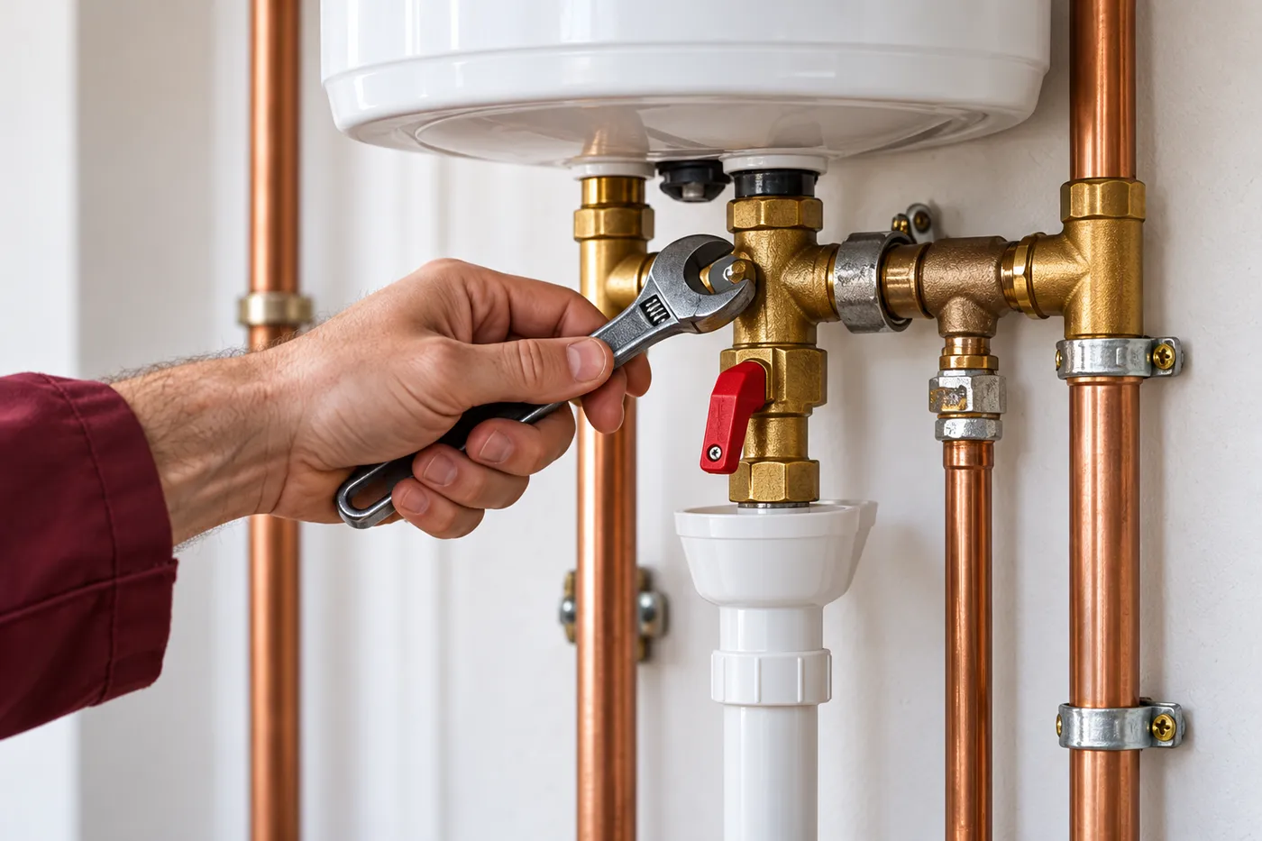 Clé à molette sur le groupe de sécurité en laiton raccordé sous un chauffe-eau électrique