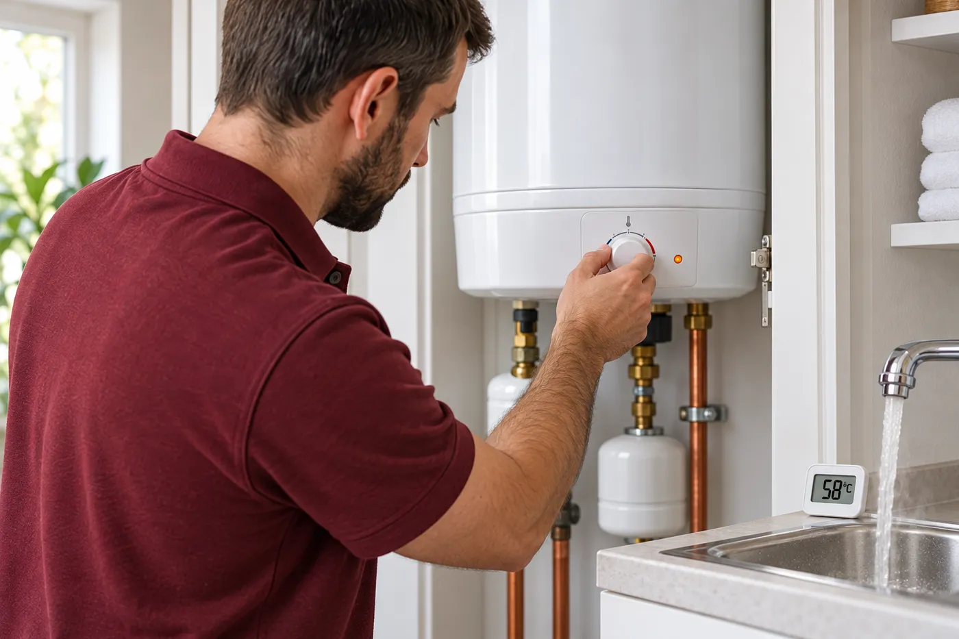 Réglage du thermostat d'un chauffe-eau électrique, température contrôlée au robinet